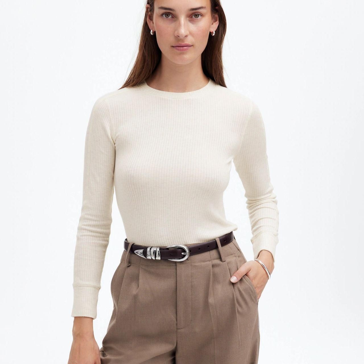 Nwt Madewell Ribbed Crewneck Long-Sleeve Tee Cream Size L